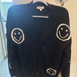 Elan Black Cardigan with White Smiley Faces